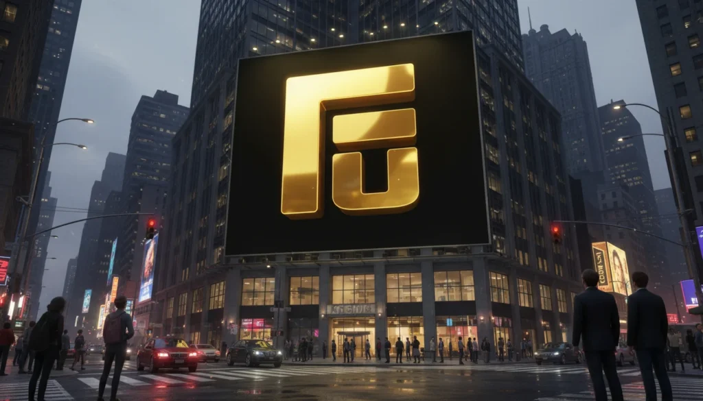 OOH advertising Digital billboard with a gold logo in a busy city scene showcasing modern OOH advertising.